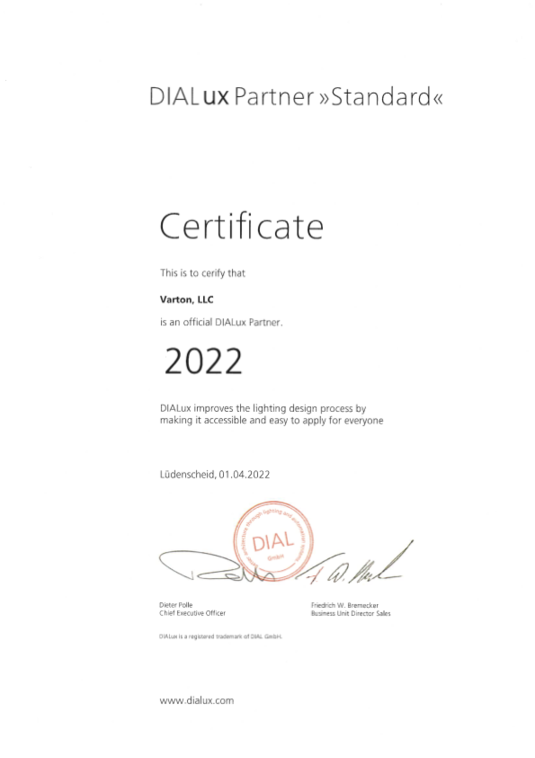 Certificate DIALux Partner Standard 2022